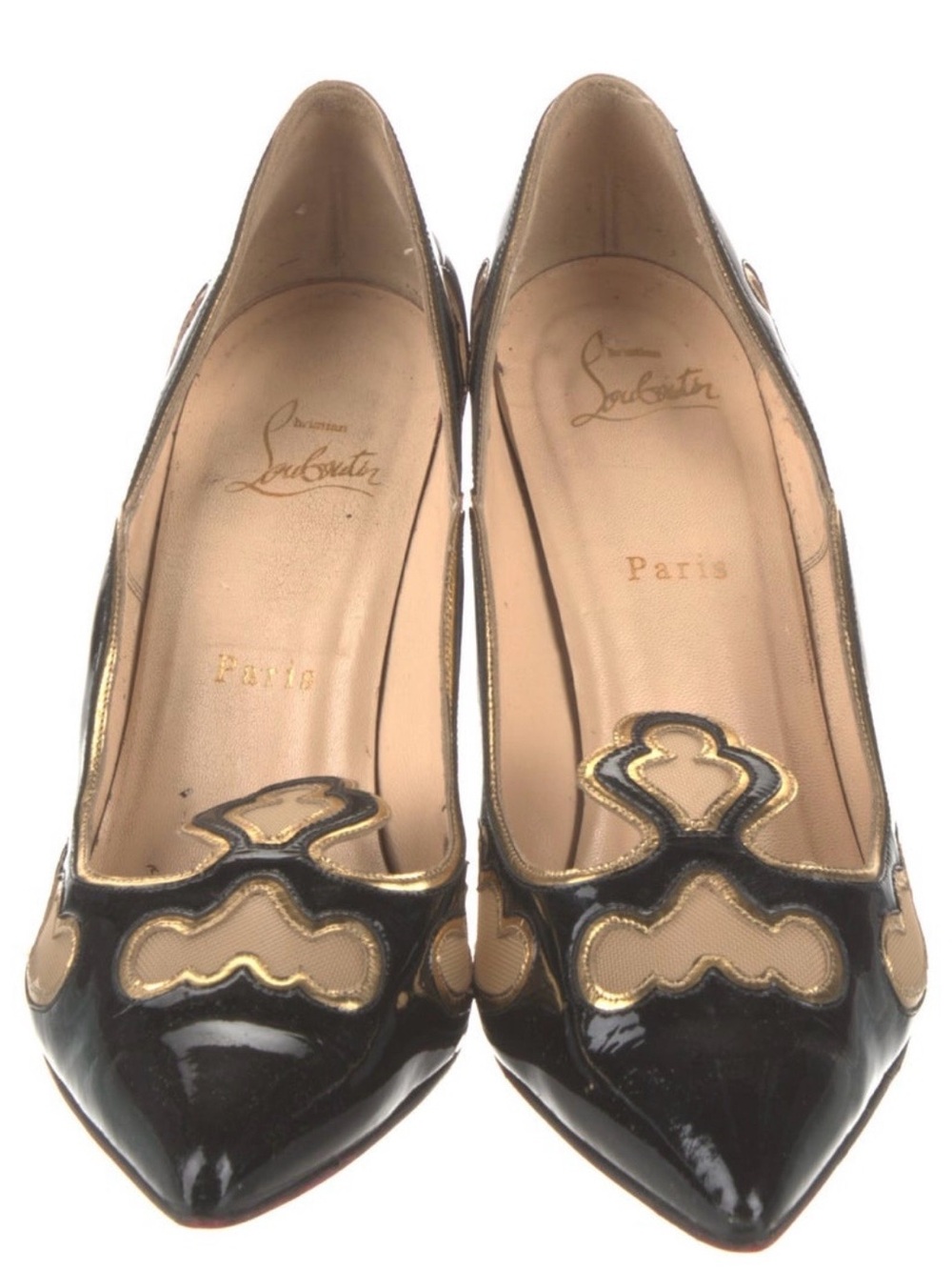 Christian Louboutin Black Patent Leather Pointed Toe Pumps with Gold Trim - Picture 2 of 5